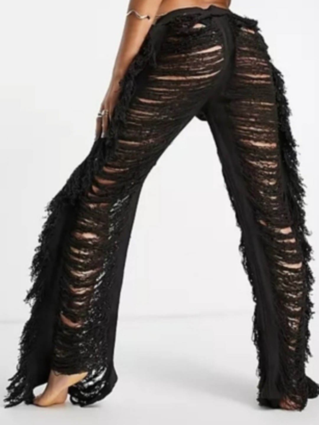 Black Fringe Exaggerated Fray Detail Wide Leg Pants With Bikini Top Size Xl